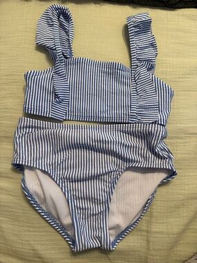 Cat & Jack Blue and White Striped Ruffle Strap Two-Piece Swim Set